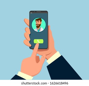 Man Hand holding smartphone with female therapist on call and an online consultation. Vector flat illustration. Ask doctor. Online medical advise or consultation service, tele medicine