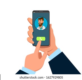 Man Hand holding smartphone with female therapist on call and an online consultation. Vector flat illustration. Ask doctor. Online medical advise or consultation service, tele medicine