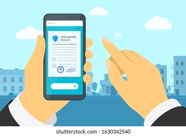 Man Hand Holding Smartphone With Insurance Policy Form. Online Signs Agreement Protection Document On Mobile Screen. Make Deal Compensation Claim Legal Vector Contract Illustration