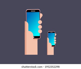 Man hand holding smartphone isolated on gray background. Vector illustration