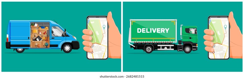 Mano del hombre que sostiene el smartphone con el mapa, la camioneta y el camión de la entrega que siguen. Envío de pedidos en línea y concepto de servicio de mudanza.