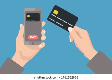 Man hand holding smartphone. Online shoping app. credit card, illustration.