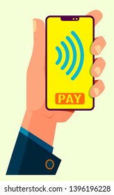 Man hand holding smartphone to pay for products by mobile payments. Flat cartoon style illustration.