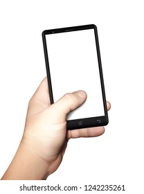 Man hand holding smartphone. Using mobile smart phone. Realistic vector illustration. EPS10