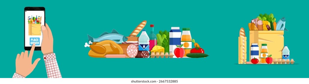 Mano del hombre que sostiene el smartphone con la bolsa virtual de la compra. Concepto digital de aplicación móvil de compra y entrega de alimentos en línea.