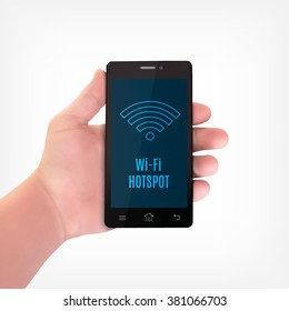 Man hand holding a smartphone. Wi-fi hotspot concept. EPS10 vector