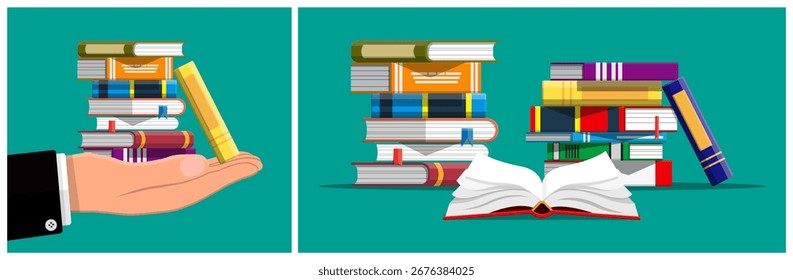 Man hand holding stack of book, with opened book front of book pile. Education knowledge concept. Library literature shelf.