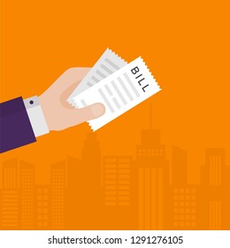 Man Hand Holding Tax - in Hand isolated. Vector Illustration, Flat Design Style. Paying Taxes, Bills, Receipt