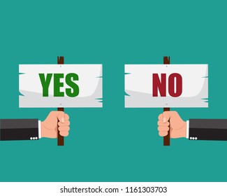 Man hand holding whiteboard with text YES and NO.Vector illustration.