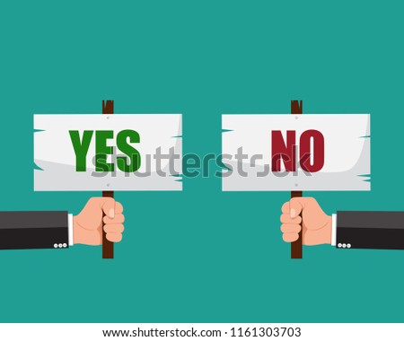 Man hand holding whiteboard with text YES and NO.Vector illustration.