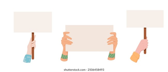Man hand holds blank flag set, human hold template demonstration board, people raise hands with isolated support signboard, woman show up revolution banner, right activist parade strike sign,