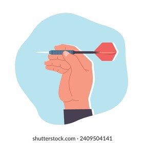 Man hand holds dart for playing darts. Boy ready to throw arrow. Hobby and leisure time sport equipment. Achievement goals metaphor, plying game in bar or pub. Cartoon flat vector concept