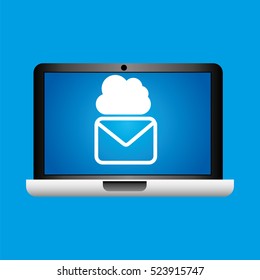 man hand holds laptop mobile email cloud social media vector illustration