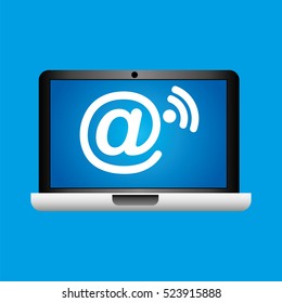 man hand holds laptop mobile mail wifi social media vector illustration