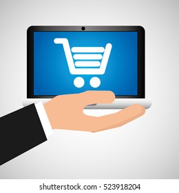 man hand holds laptop mobile shop cart media vector illustration