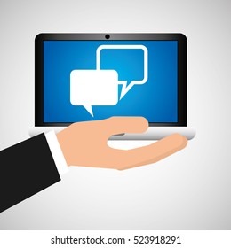 man hand holds laptop mobile bubble speech social media vector illustration