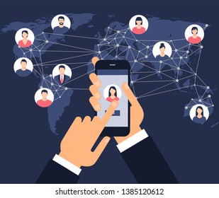 man hand holds smartphone with application for social networks and friends. Communication concept with flat icons. World Network. Social networks unite the world. 