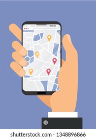 Man Hand holds smartphone with city map gps navigator on smartphone screen. Mobile navigation concept. Modern simple flat design for web banners, web, infographics. Vector flat cartoon illustration