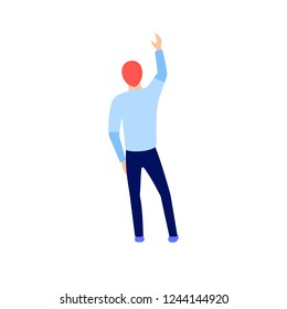 Man with hand up illustration. Back side view man with hand up. Flat style character vector illustration isolated on white background.