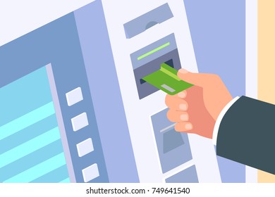 Man hand inserting credit card in the ATM. Vector illustration