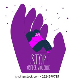 Man hand keep on women and phrase STOP gender violence. The vector illustration with concept GBV in hand drawn art style.