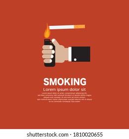 Man Hand Lit a Cigarette With a Lighter Smoking is Bad For Your Health Vector Illustration.