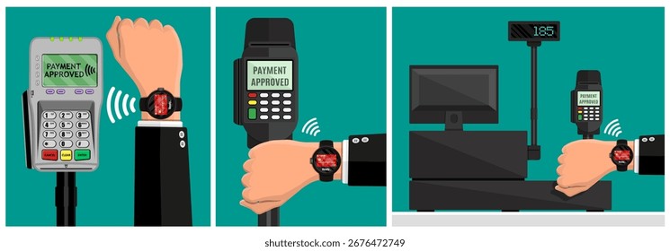 Mano del hombre que hace el pago sin contacto con el reloj elegante. Compra inalámbrica aprobada por la tecnología NFC. Concepto moderno de transacción digital sin efectivo.