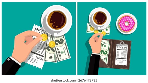 Transação de pagamento manual. Pessoa pagando conta de café e rosquinha. Conceito de despesa financeira e dinheiro líquido.