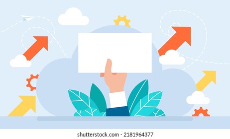 Man hand with a message. Businessman hand holding paper mockup empty template, blank sheet list without text, concept of attention, announcement frame. Flat style design. Vector illustration