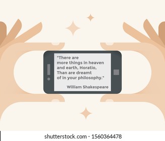 Man hand with mobile phone and "There are more things in heaven and earth, Horatio, Than are dreamt of in your philosophy" quote on screen. Concepts: New technologies, innovations, trends, creativity.