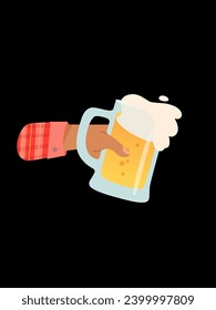 Man hand with mug of beer vector illustration isolated on black background. Male holds glass with lager. People celebrating with toasts and cheering in bar. Party, football time. Friends in pub.