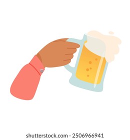 Mano de hombre con taza de Ilustración vectorial de cerveza aislada sobre fondo blanco. El macho sostiene el vidrio con la cerveza. Personas celebrando con brindis y animando en el bar. Fiesta, tiempo de fútbol. Amigos en un pub.