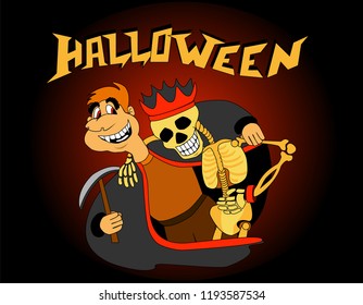 man with hand oblique fun holiday halloween happy skeleton with a crown on the skull