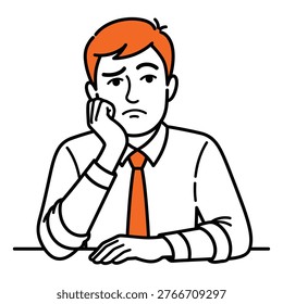 Man with hand on cheek looking bored and tired sitting at a table vector illustration expression uninterested
