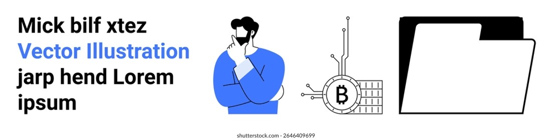 Homem com a mão no queixo em camisa azul, Bitcoin blockchain circuito, e pasta de documentos. Ideal para finanças, tecnologia, educação, negócios, tomada de decisão, criptomoeda, análise. Página inicial