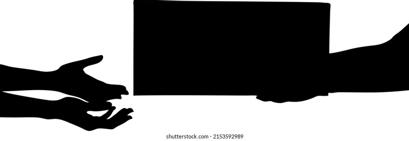 Man hand pass the box to woman vector silhouette, deliver cargo, isolated on white background, passing the box description fill with black color, shadow idea, cargo and transportation concept
