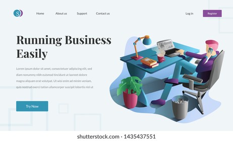 A man with hand phone, looking at laptop, flat style illustration vector mobile app for company homepage template hero image landing page