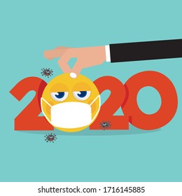 Man Hand Picks Up The Yellow Emoji Wearing a Medical Mask.
Because 2020 is The Year That the Corona Virus Spread Around The World. Vector Illustration