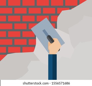 Man hand plastering concrete at wall of house construction. Flat illustration of construction worker with long trowel plastering a wall.