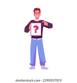 Man hand pointing finger at banner with question mark. Person makes a gesture paying attention, presenting, showing, unknown choosing. Flat vector character illustration isolated on white