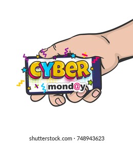 Man Hand Pop Art Hold Phone Cyber Monday Advertise Poster Banner Logo. Comic Text Shop Computer Sale Message. Popart Kitsch Male Design Smartphone Vector Illustration Speech Bubble Vintage Colored Box