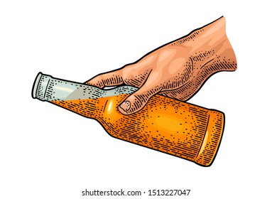 Man hand pours beer from a bottle. Vintage vector color engraving illustration for web, poster, invitation to party. Isolated on white background.