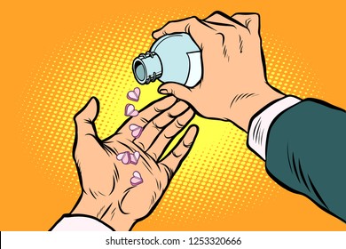 man hand pours out pills hearts. Comic cartoon pop art retro vector illustration drawing