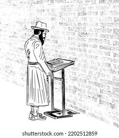 Man hand and pray paper on the Western Wall in jerusalem outline vector illustration, jerusalem man wall ritual sketch drawing, Orthodox Jews dressed in traditional clothing doing prayer