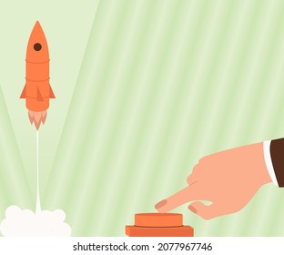 Man Hand Pressing Button To Launch Rocket To Space For New Horizons. Businessman Pushing Switch To Commence The Space Shuttle To The Skies For Better Ideas.