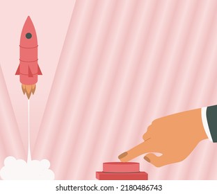 Man Hand Pressing Button To Launch Rocket To Space For New Horizons. Businessman Pushing Switch To Commence The Space Shuttle To The Skies For Better Ideas.