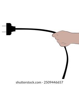 Man hand pulling electrical plug from household power outlet isolated on white background.