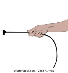 Man hand pulling electrical plug from household power outlet isolated on white background.
