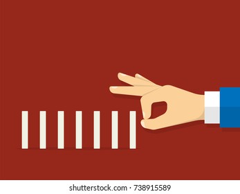 Man hand pushing the domino. Flat style. Vector