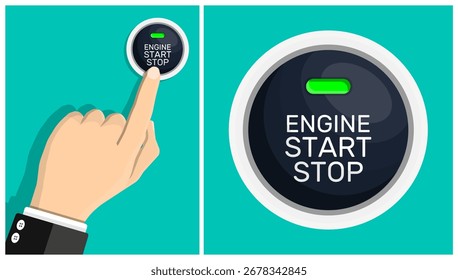 Man hand pushing engine start stop button. Car ignition control. Vehicle power system activation illustration.